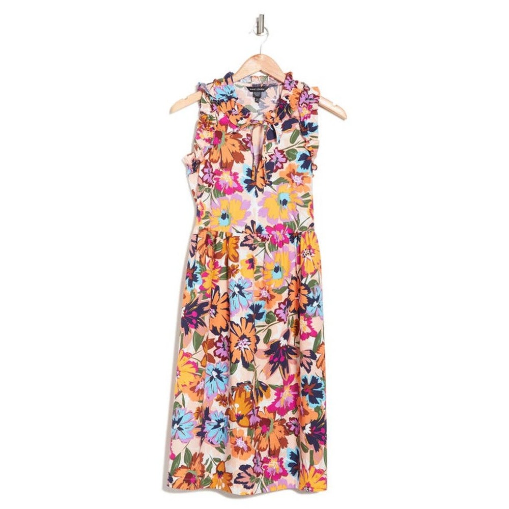 MAGGY LONDON Print Ruffle Swing Dress Tangerine NWT SZ 8 $118 TFH045